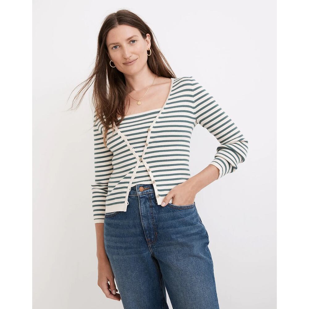 New Madewell Carmon Crop Cardigan Sweater in Stripe Cream/Green Women's Size L